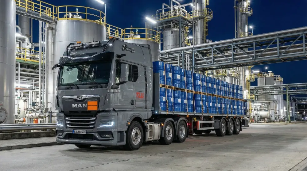 Ein LKW mit einem Plateauauflieger, der mit blauen Benzinfässern beladen ist.