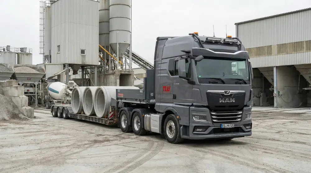 Ein LKW mit Tiefbettauflieger, der mit großen Betonröhren beladen ist.