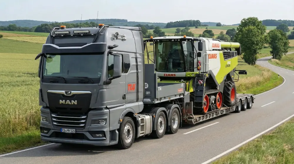 Ein LKW mit Tiefbettauflieger, der mit einem Mähdrescher beladen ist.